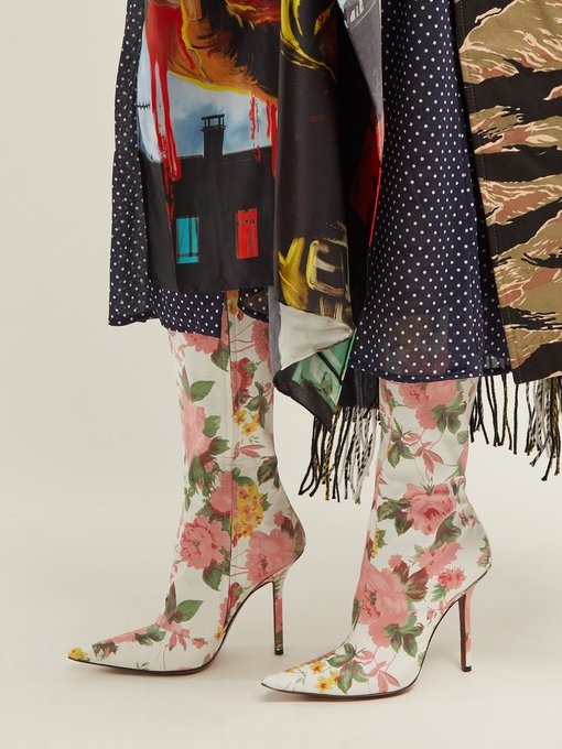 Floral-print leather knee-high boots展示图