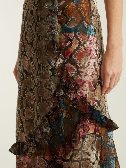 Clemence floral and snake-print satin devoré skirt展示图