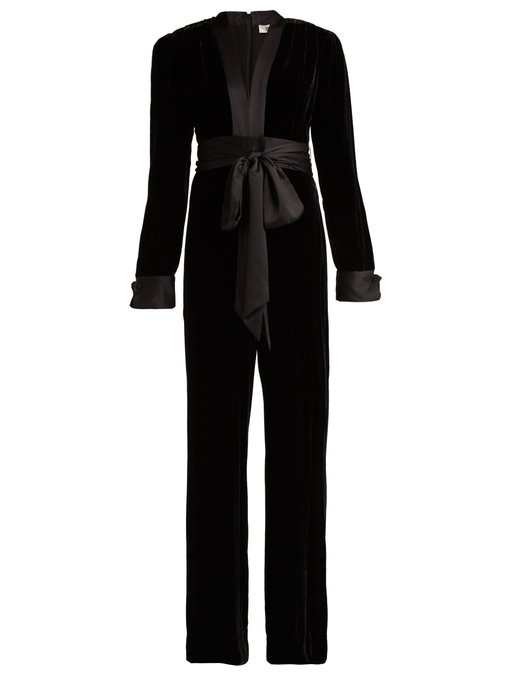 Sash satin-trimmed velvet jumpsuit | Diane Von Furstenberg ...
