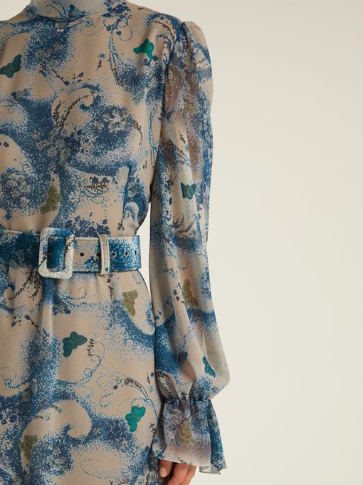 Wave and butterfly-print georgette midi dress展示图