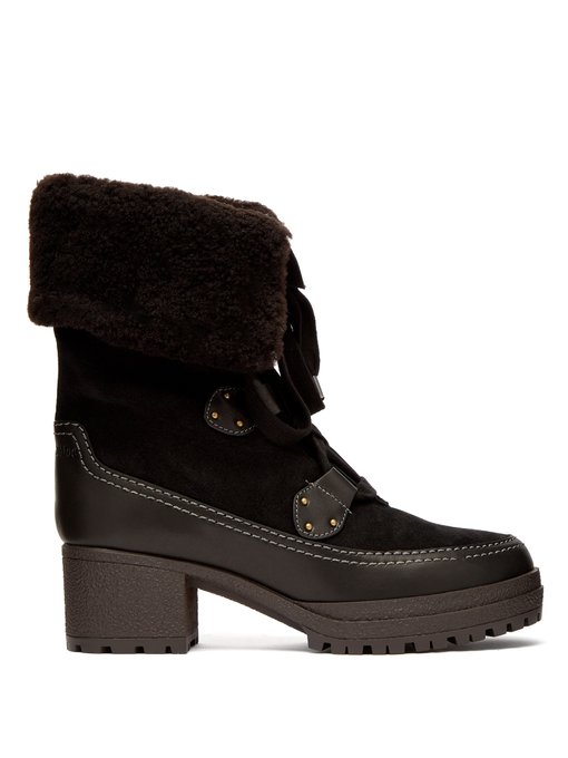 Suede shearling-lined block-heel boots 