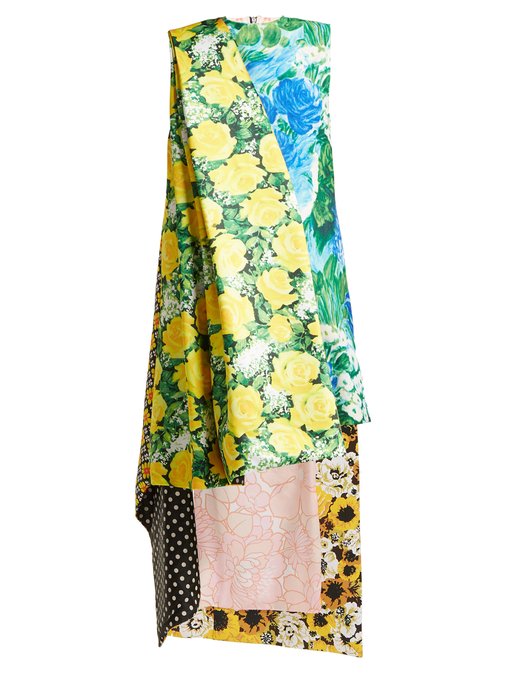 Richard Quinn Floral-Print Asymmetric Satin Dress In Multi | ModeSens