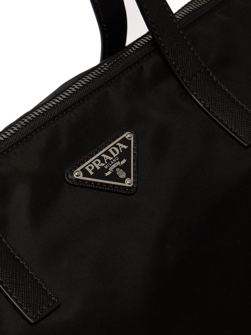 prada triangle logo leather tote