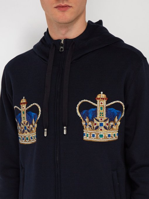 Crown-embroidered cotton hooded 