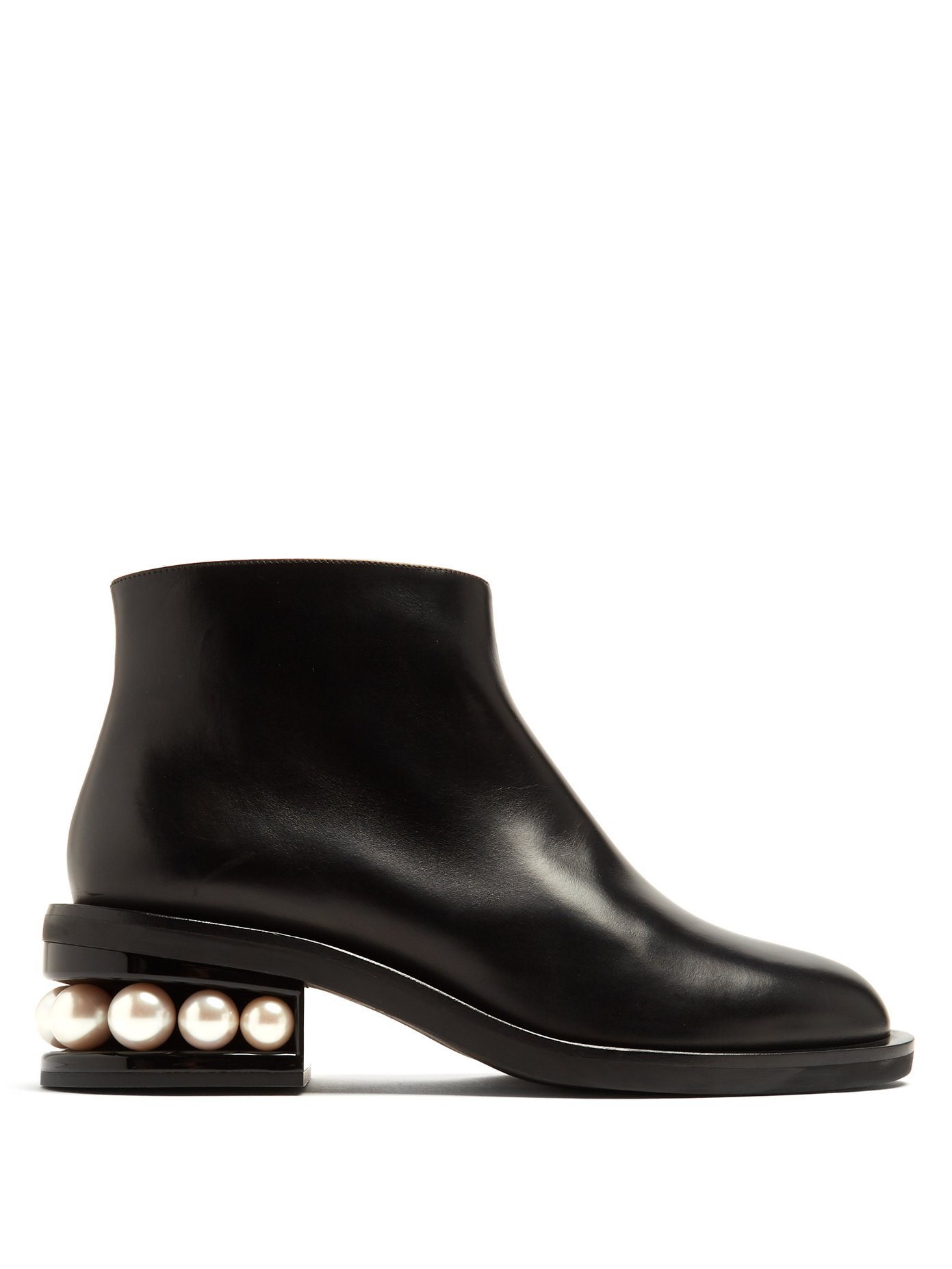 leather ankle boots with faux pearls