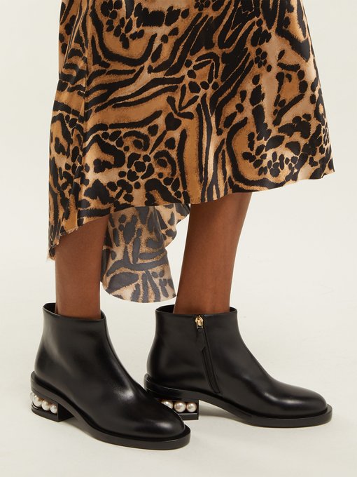 leather ankle boots with faux pearls