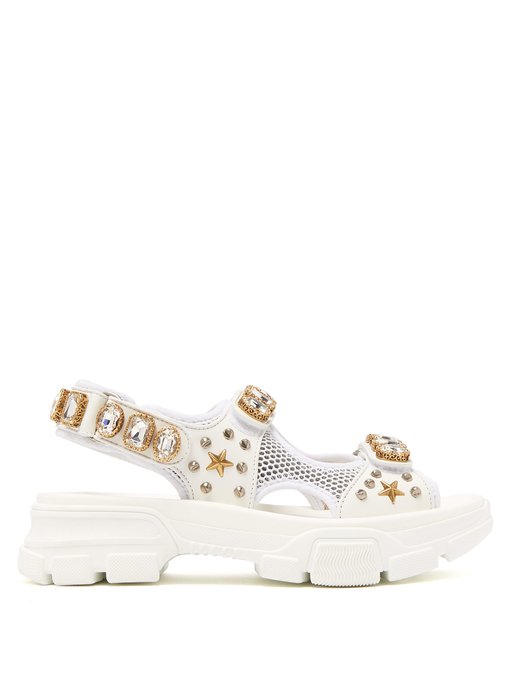 leather and mesh sandal with crystals