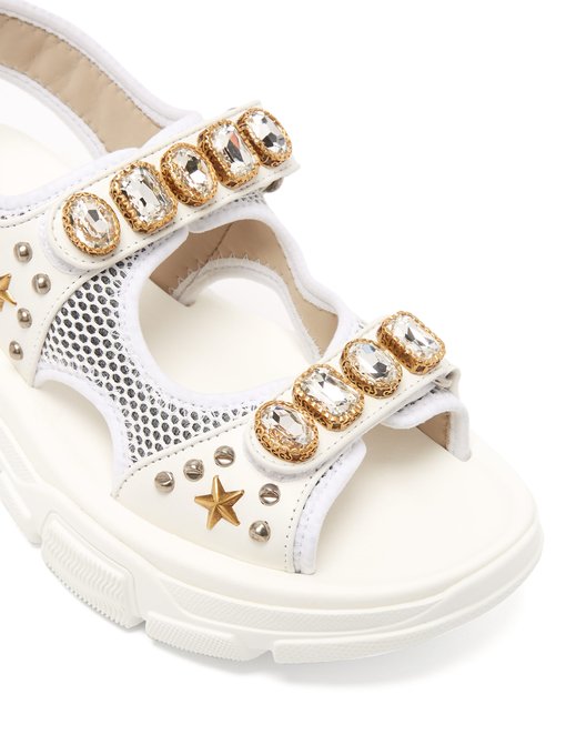 gucci leather and mesh sandal with crystals