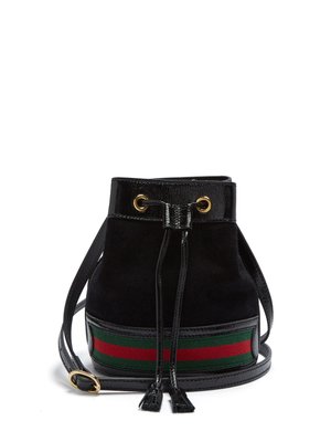 black suede bucket bag