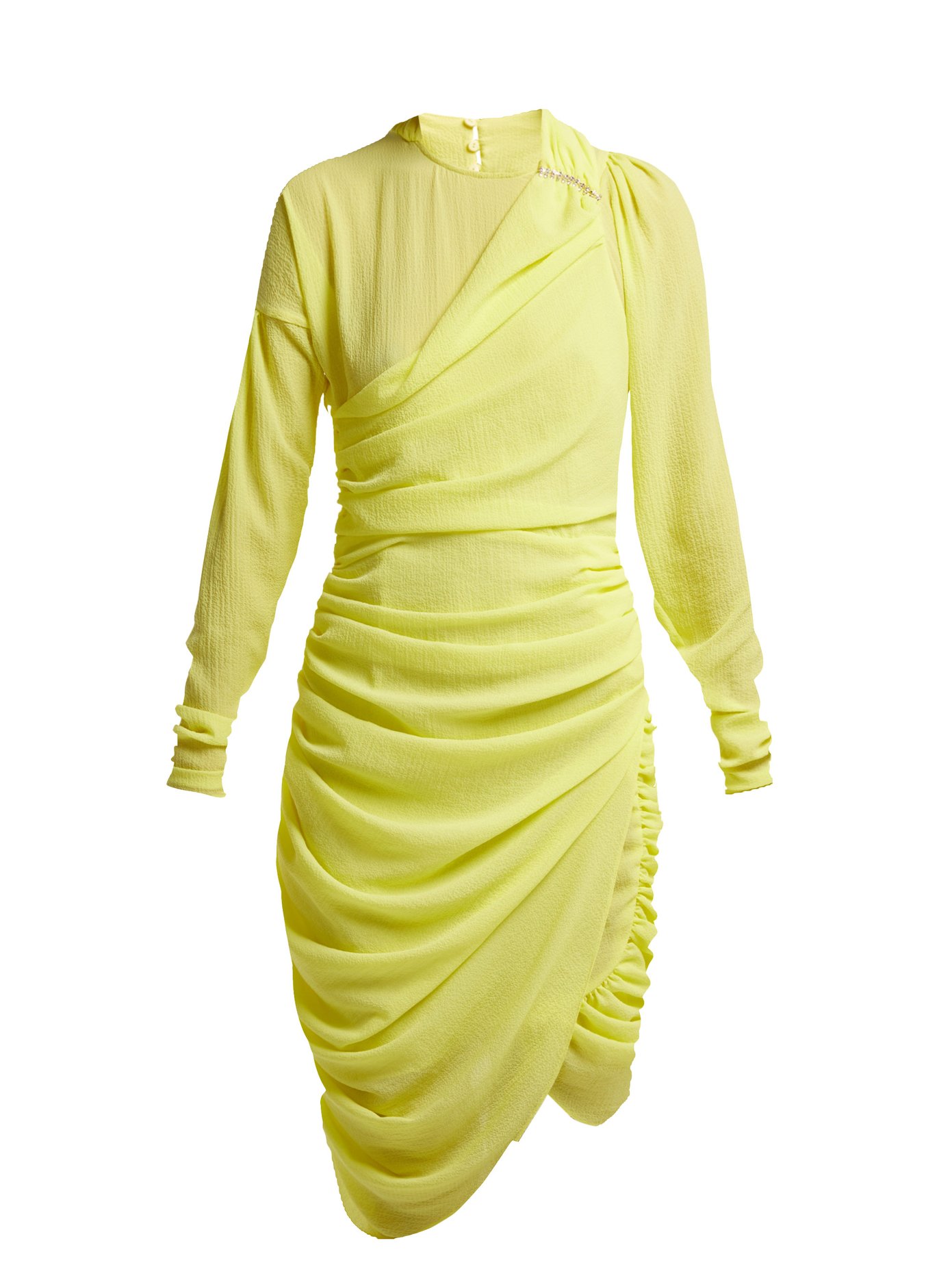 yellow ruched midi dress