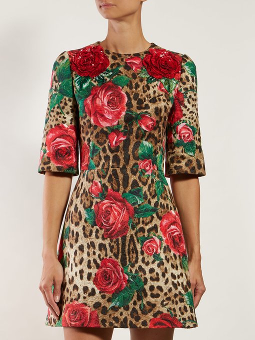Rose and leopard-print cloqué dress 