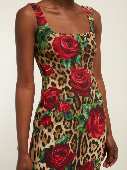 Leopard and rose-print cady dress 