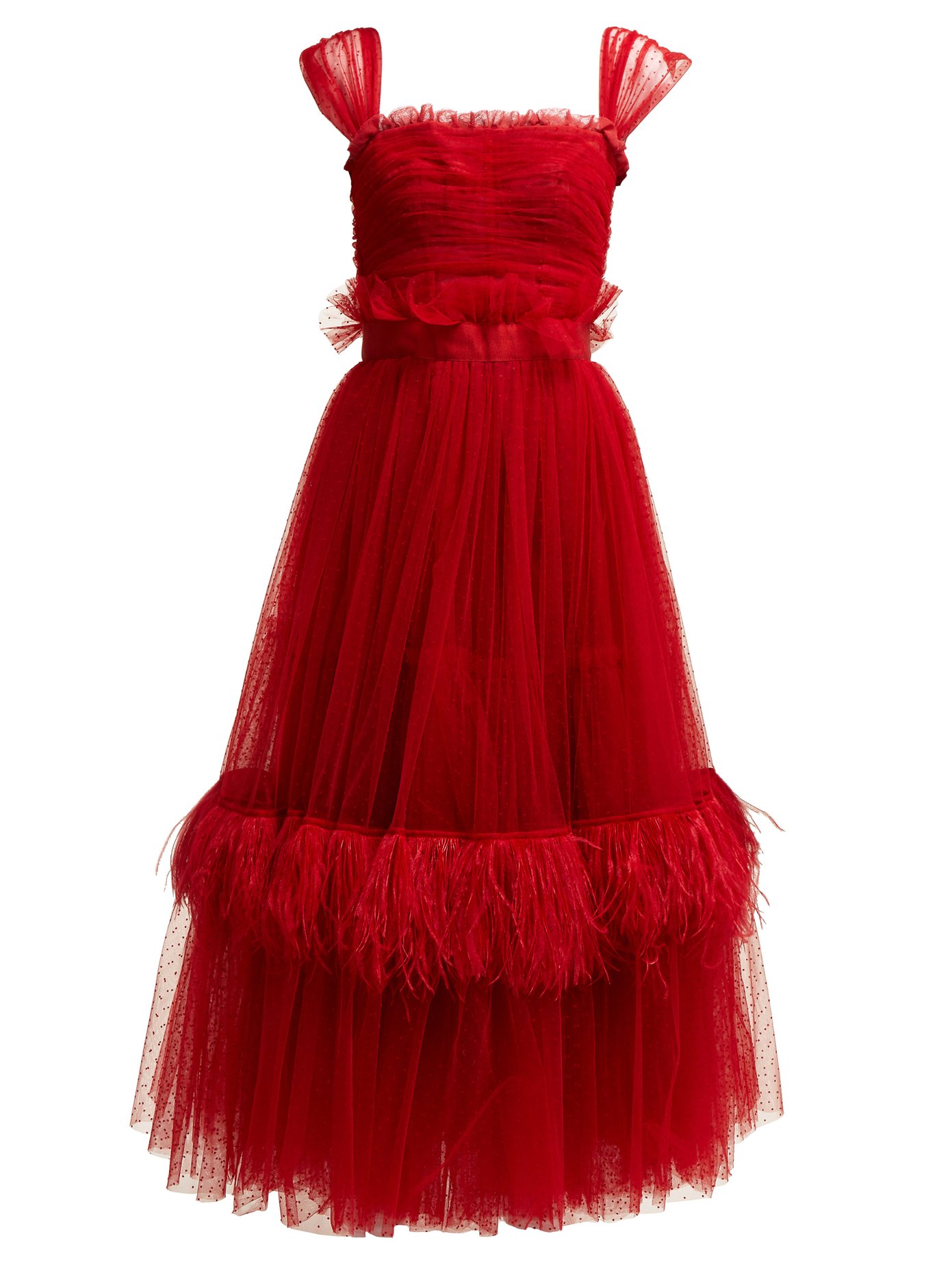 red ruffle gown