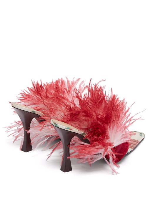 red mules with ostrich feathers