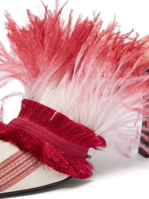 red mules with ostrich feathers