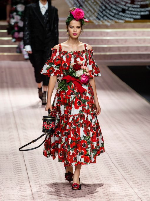 Shop Dolce & Gabbana Poppy-print Ruffle Cotton Midi Dress In Red