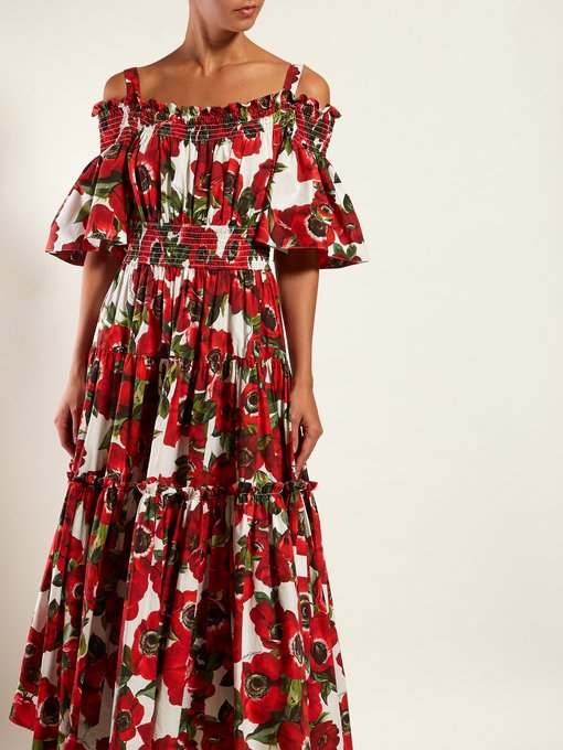 Shop Dolce & Gabbana Poppy-print Ruffle Cotton Midi Dress In Red