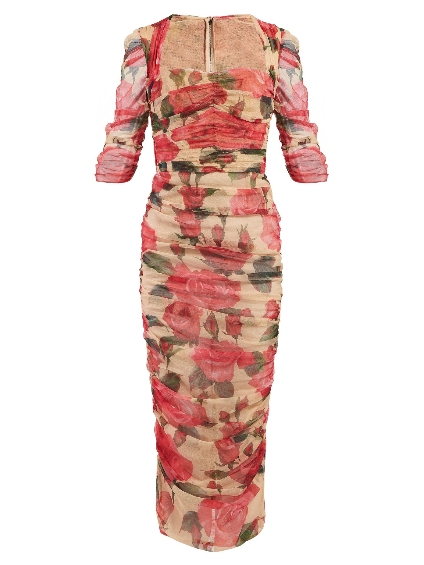Rose-print ruched tulle midi dress 