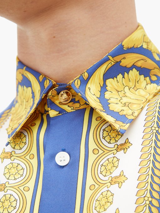 versace blue baroque print silk shirt