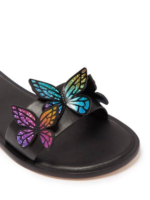 lacey butterfly embellished leather slide sandal