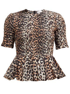 ganni smocked leopard dress