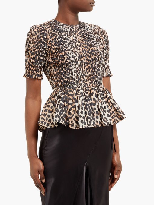 Leopard Print Smocked Cotton Blend Top Ganni Matchesfashion Uk 0258