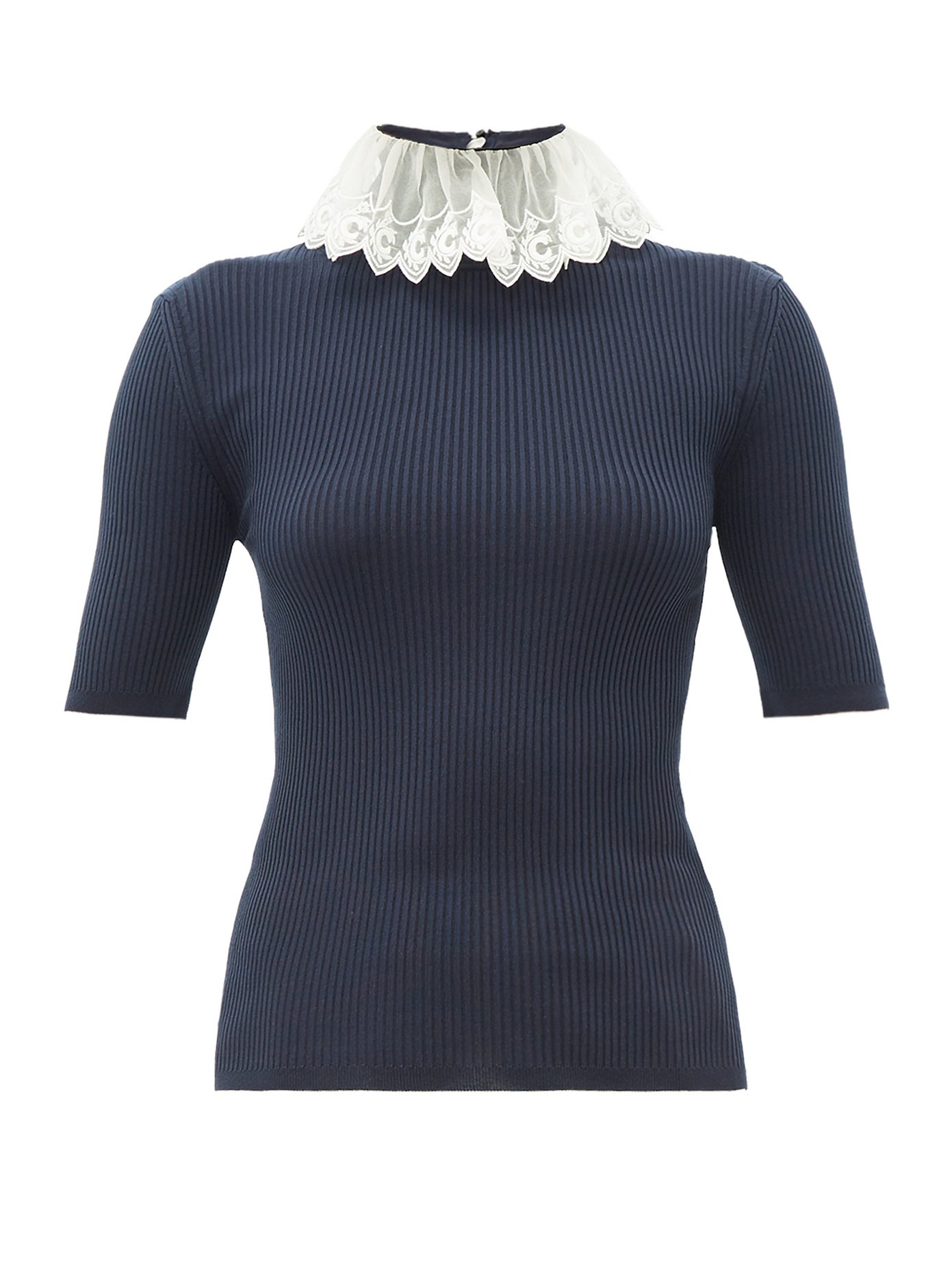Lace-collar ribbed-knit sweater
