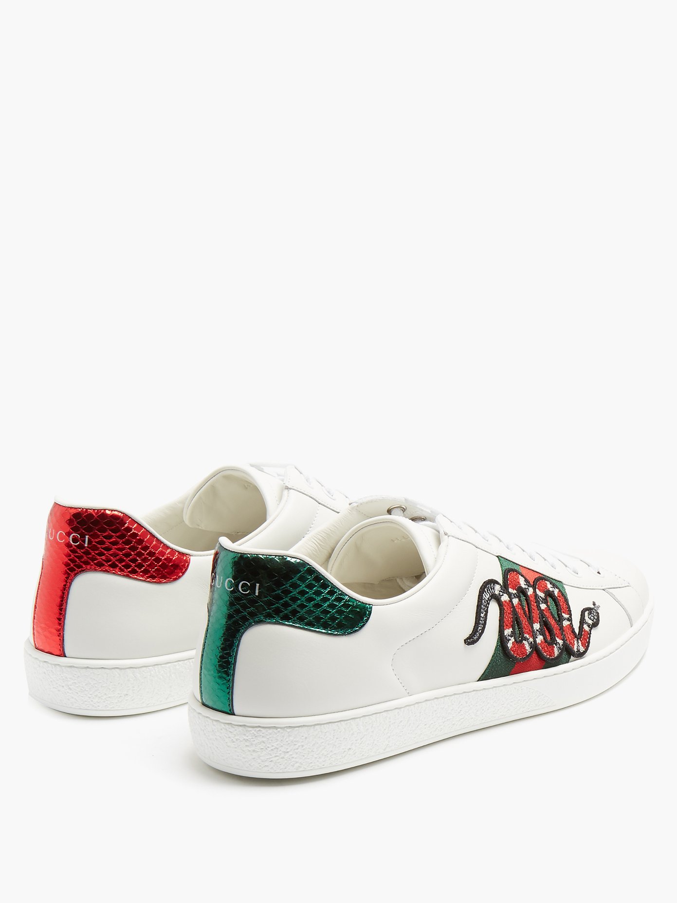 Gucci Ace Watersnake-trimmed AppliquÉd Leather Sneakers In 9064 White ...