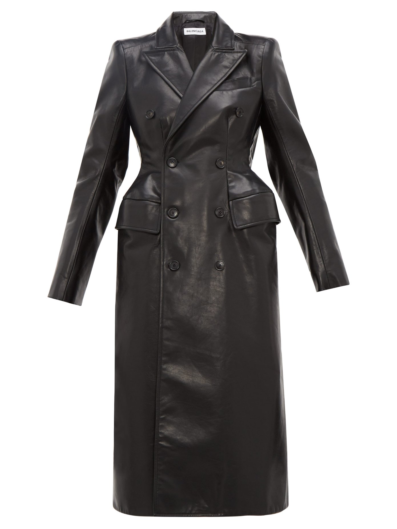 Double-breasted hourglass leather coat 