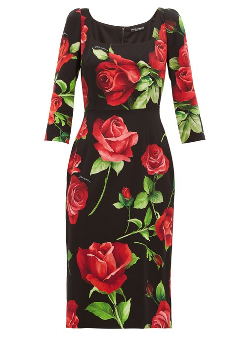 Rose-print silk-blend crepe dress 
