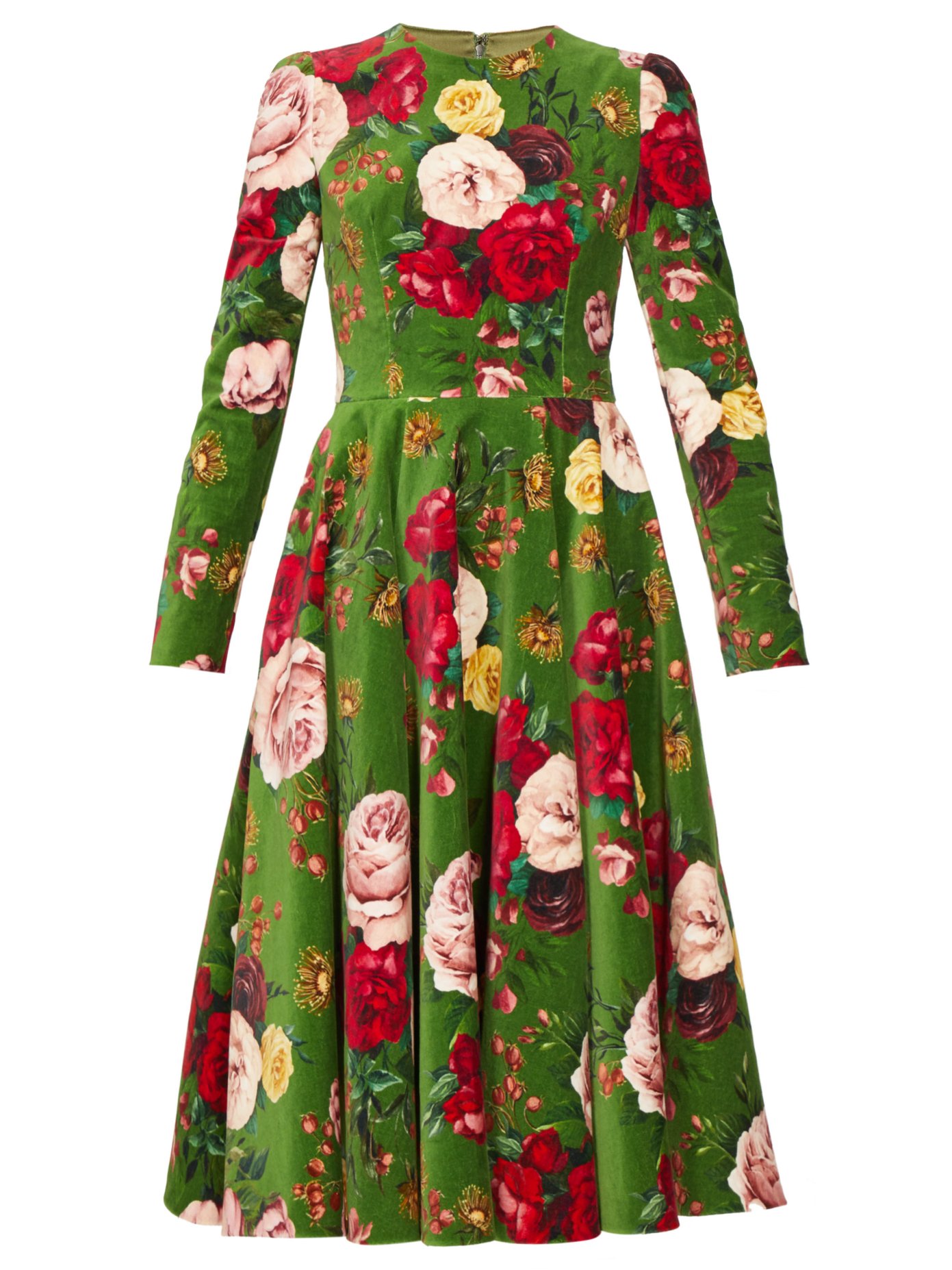 Rose-print cotton-blend velvet dress 