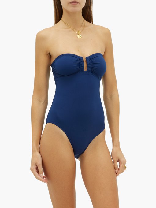 blue strapless swimsuit