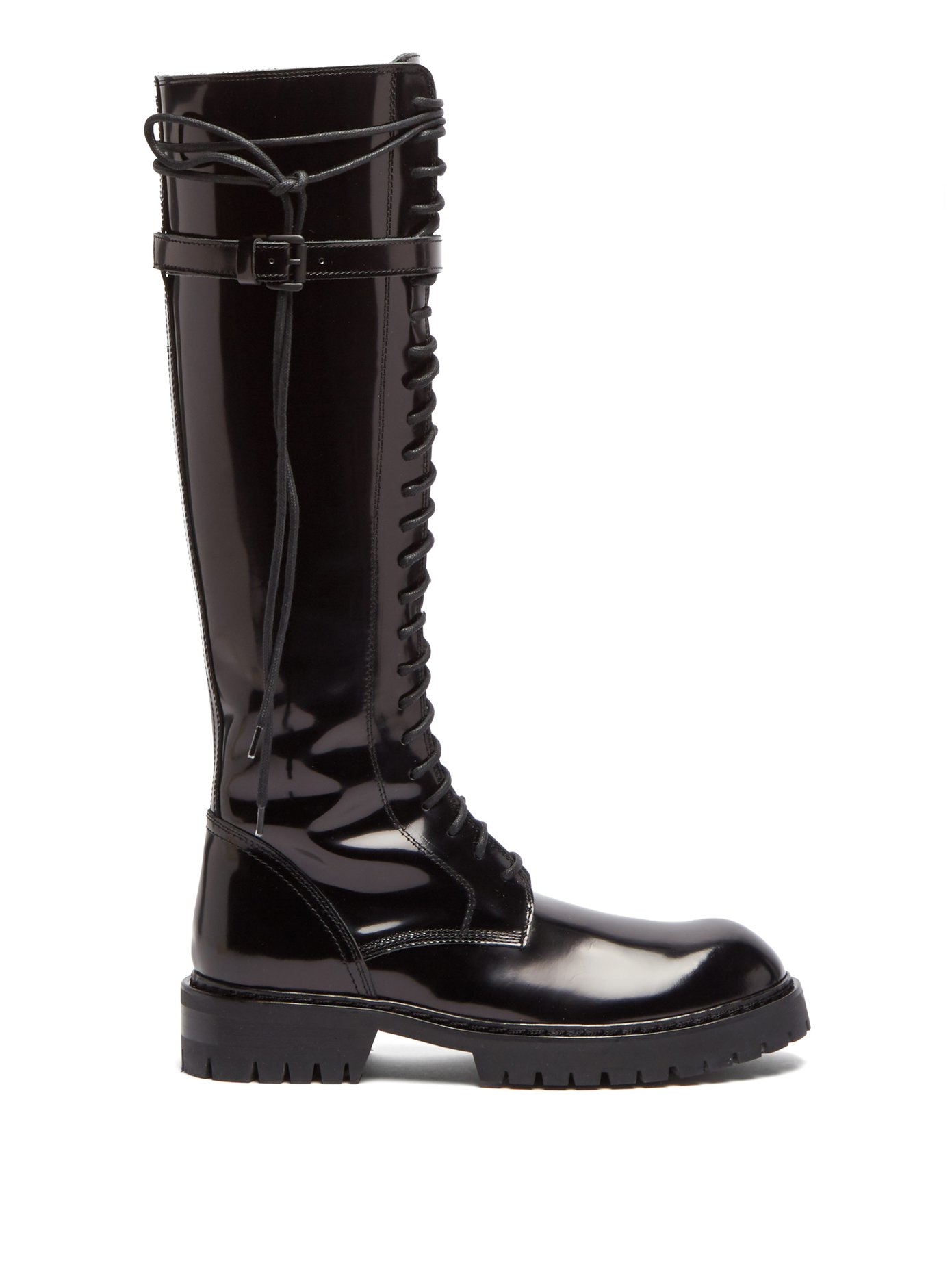 Knee-high lace-up patent leather boots 