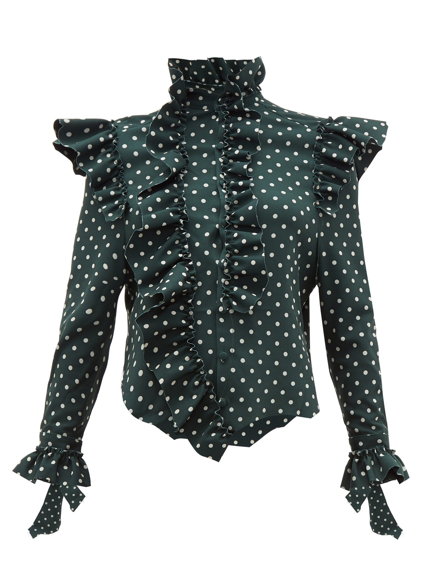 Ruffled-trim polka-dot high-neck blouse 
