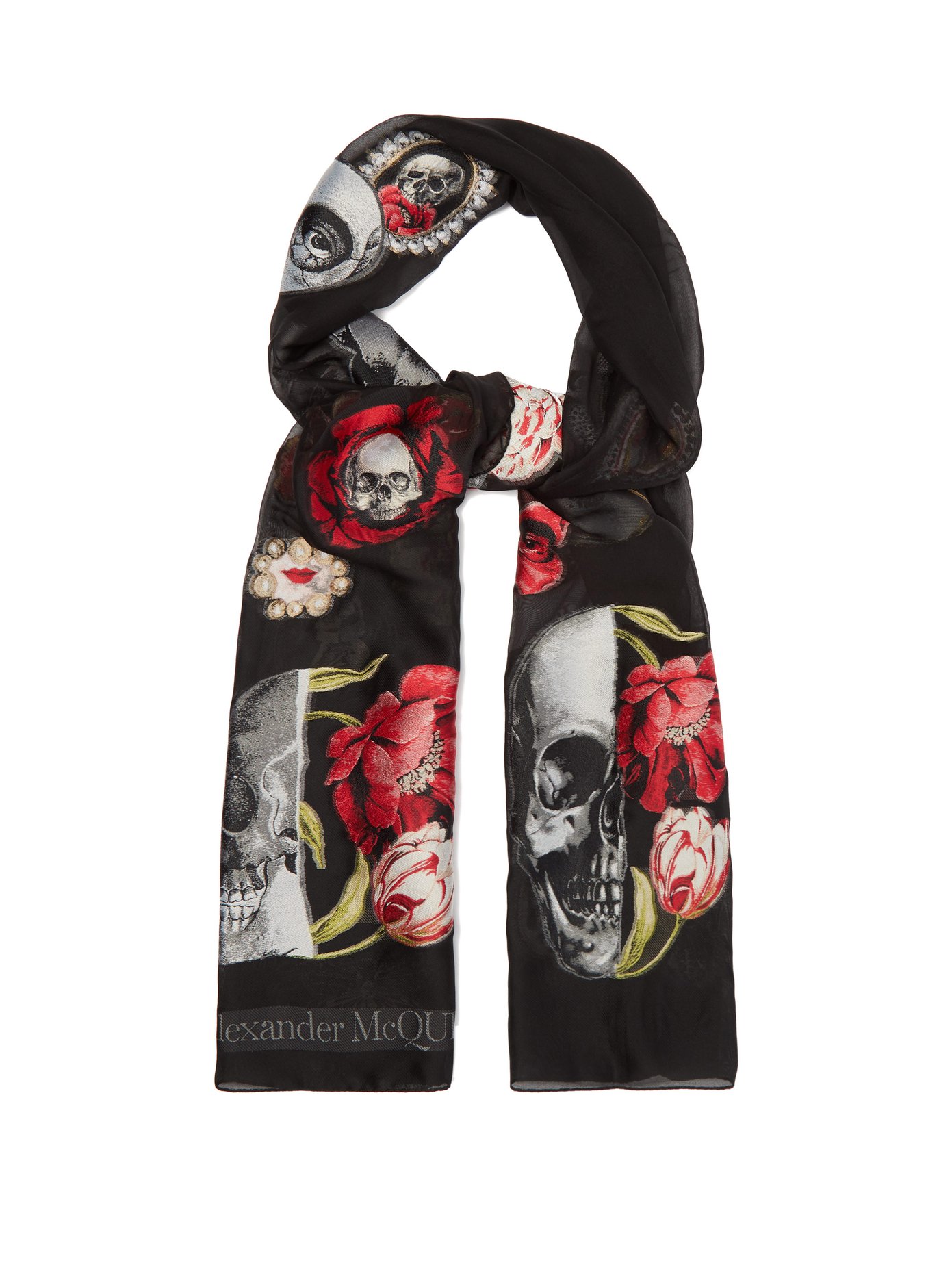 Rose and skull appliqué chiffon scarf 