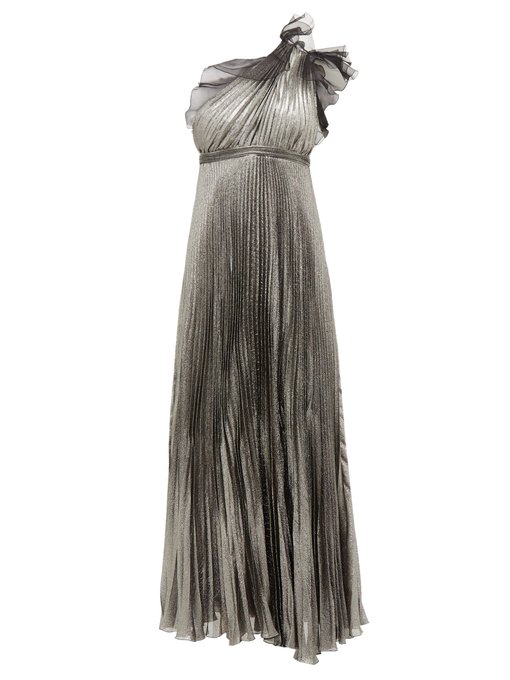 One-shoulder silk-blend pleated metallic gown | Giambattista Valli ...