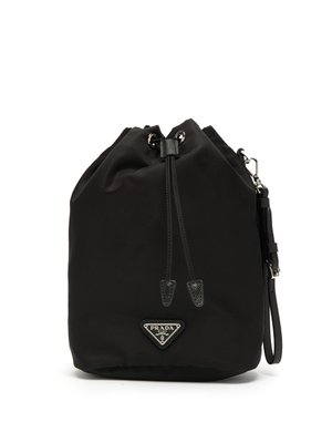 Leather-trimmed drawstring nylon pouch 