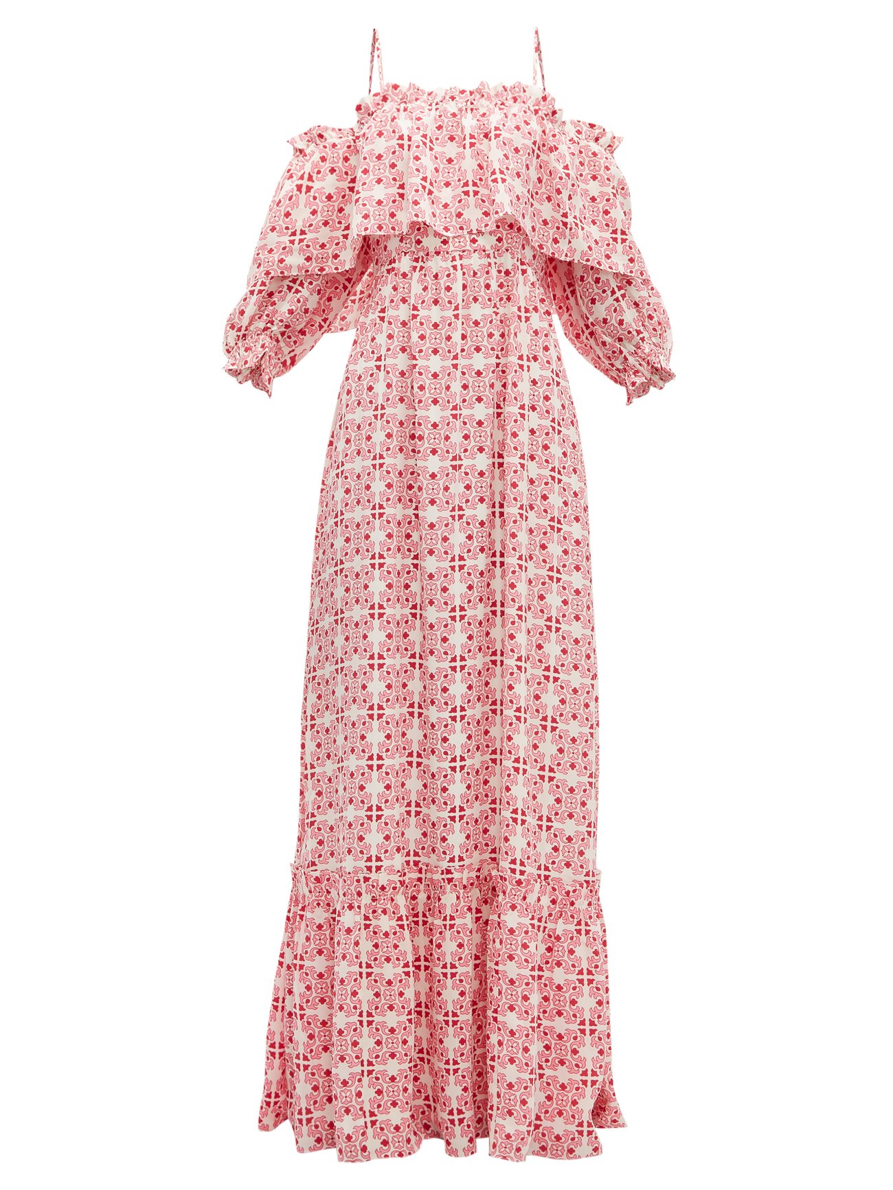 Pink Aakash off-shoulder tile-print silk dress | Beulah | MATCHESFASHION US