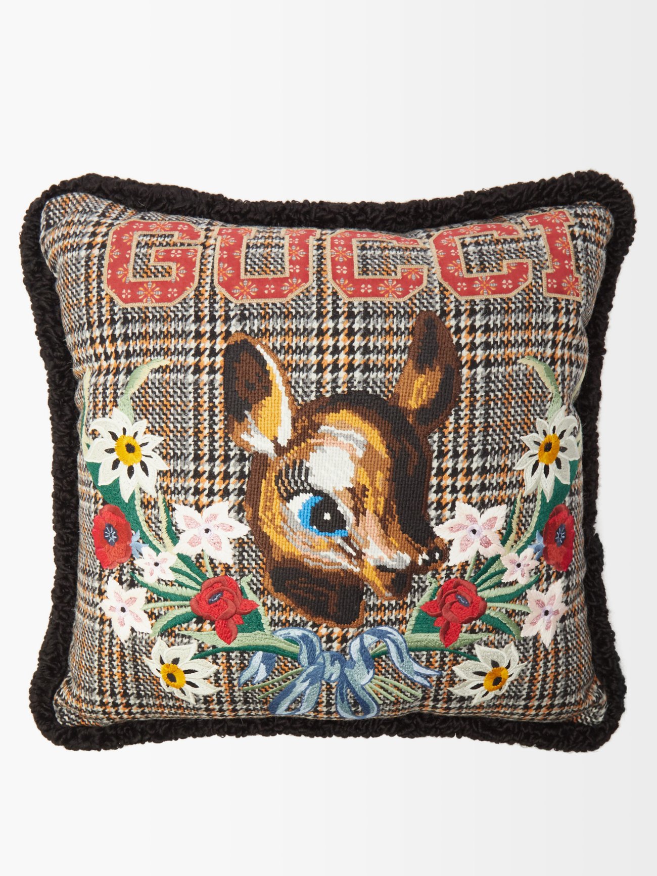 Fawn-appliqué wool-tartan cushion