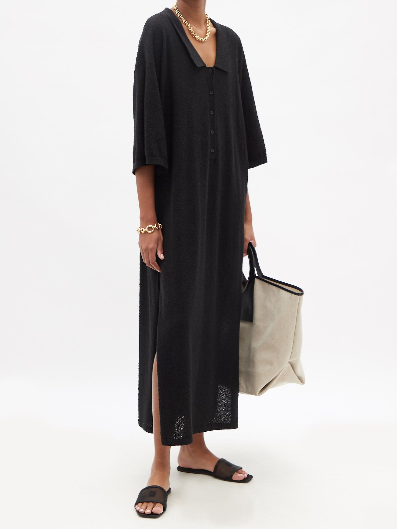 TOTÊME black Collared V-neck cotton-blend terry midi dress, £340