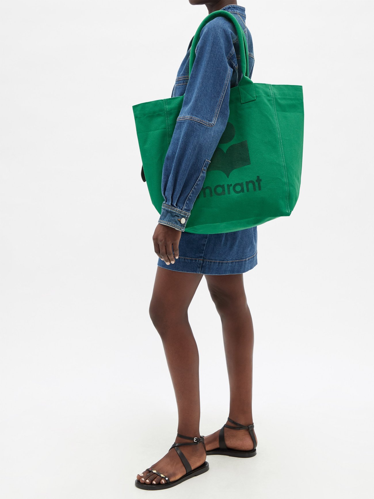 ISABEL MARANT large double shoulder handle Yenky green flocked-logo cotton-canvas tote bag. 