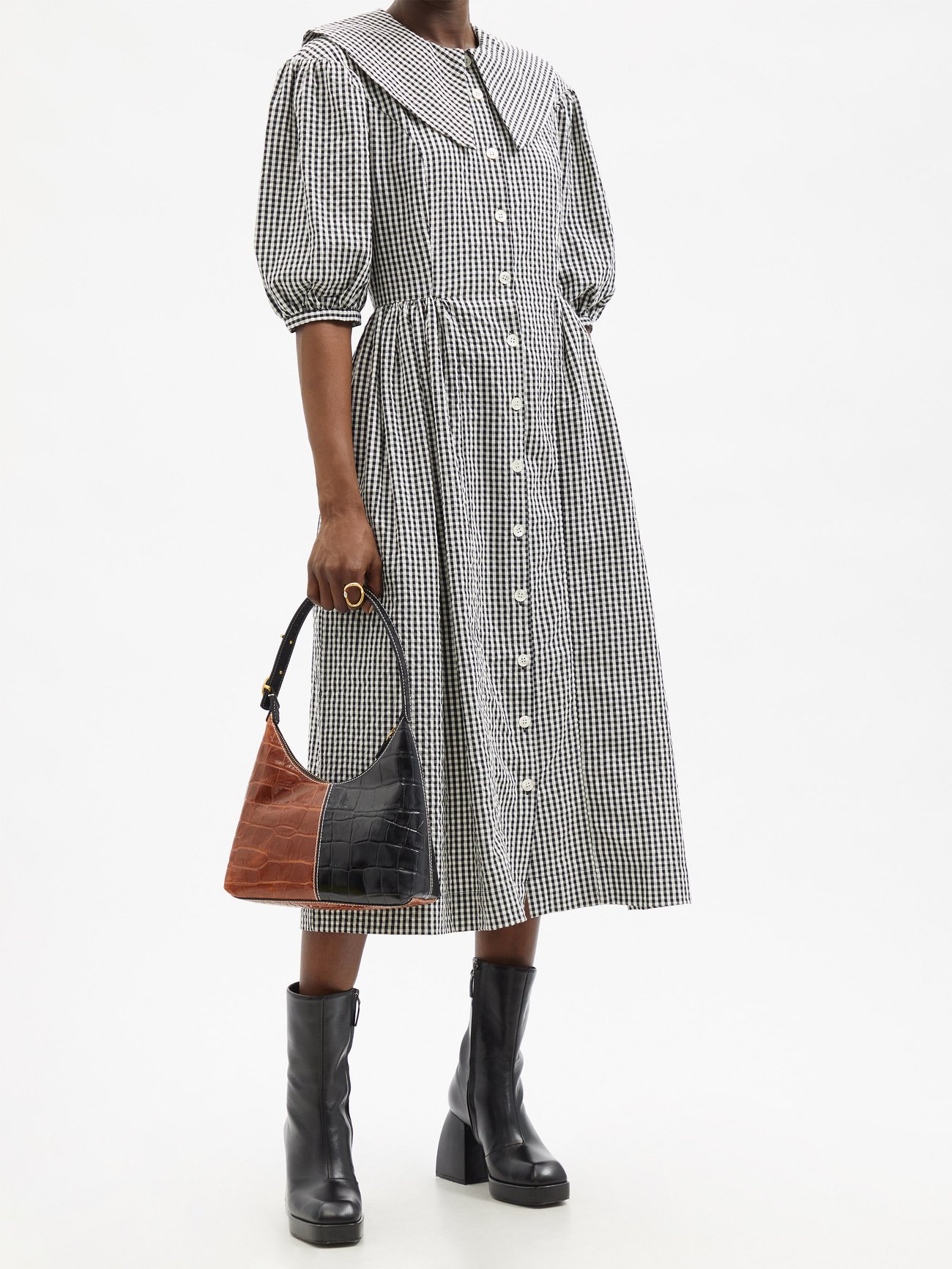 SHRIMPS Olivia black & white cotton-gingham shirt dress with puff sleeves, £425