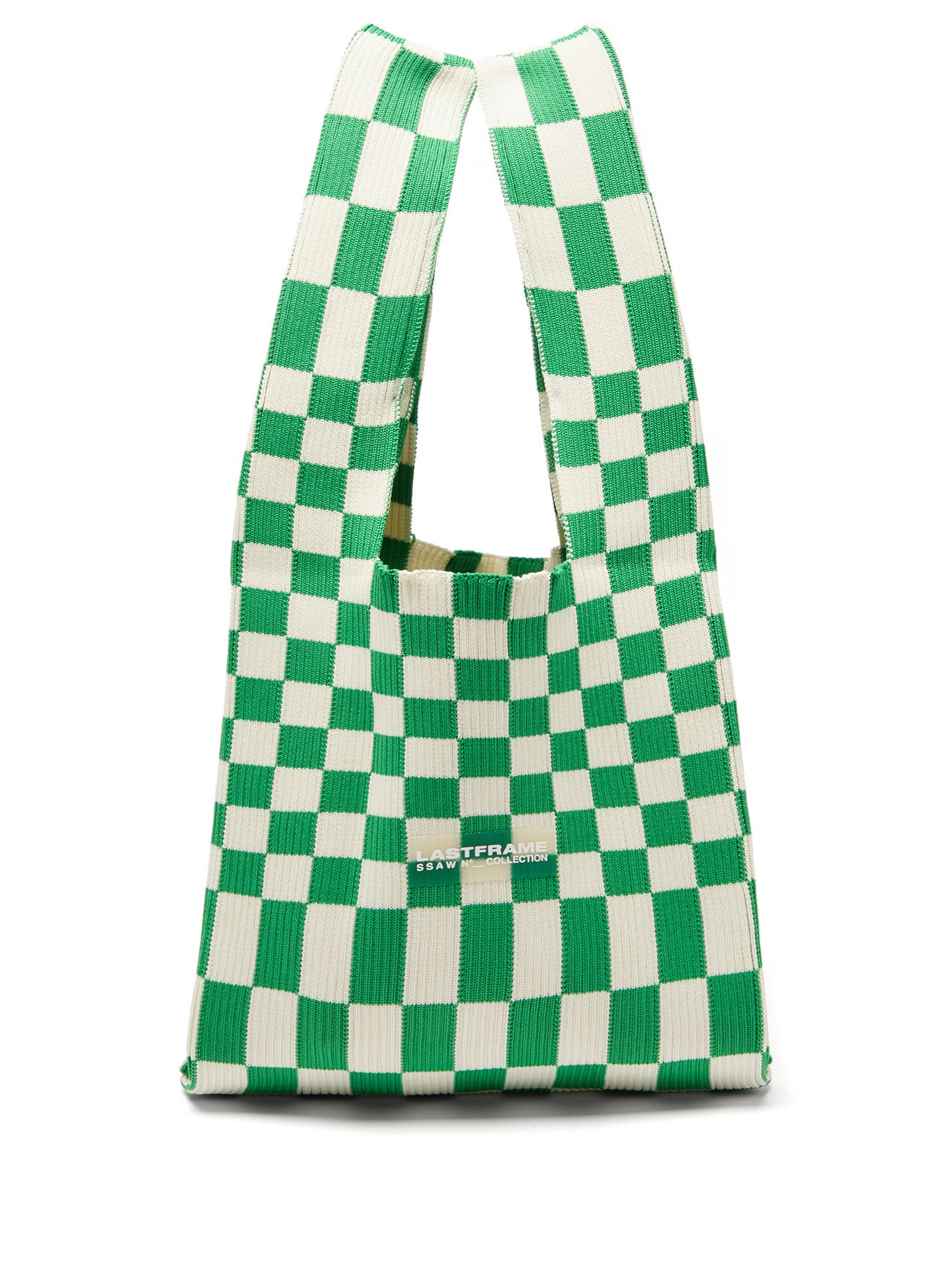 LASTFRAME Medium Green & White Ichimatsu-check ribbed-knit tote bag, £218