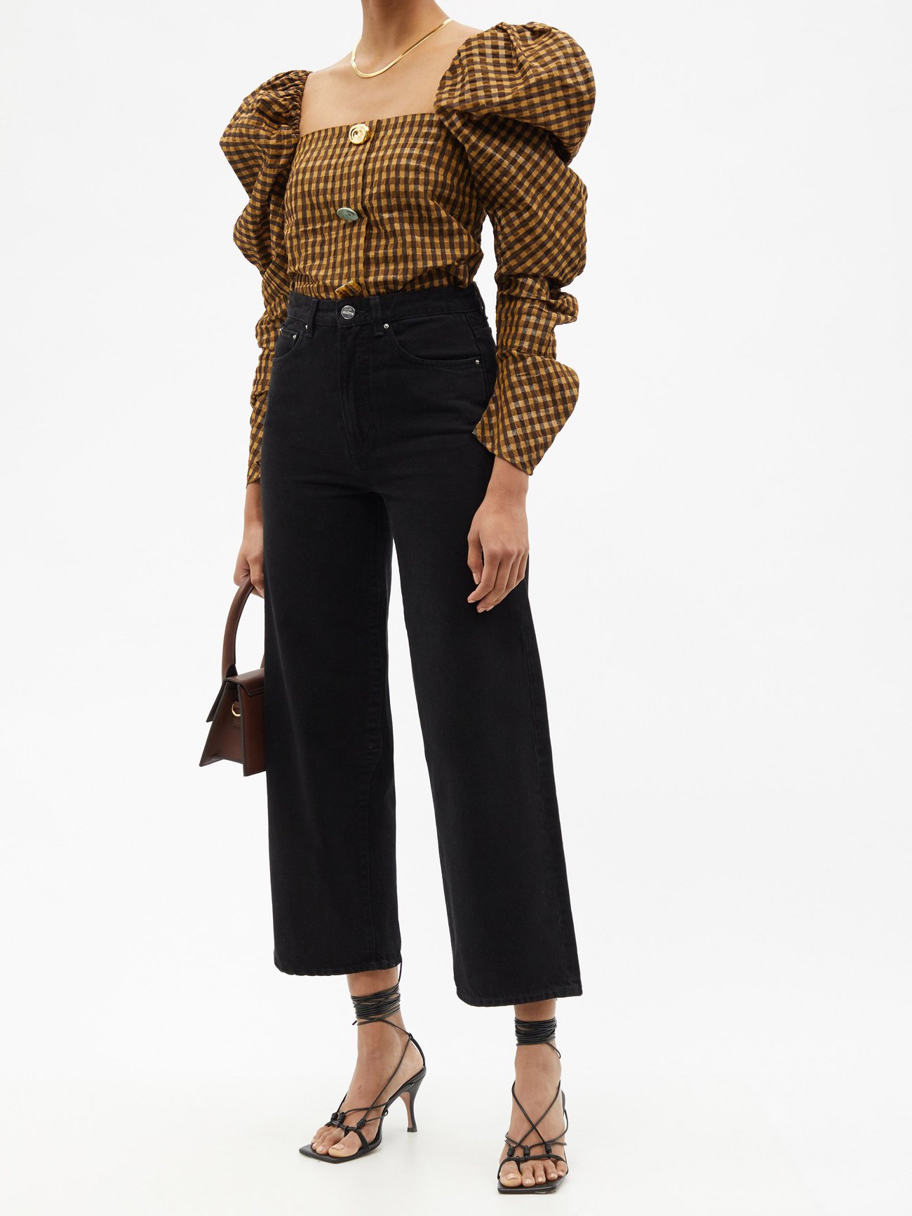 REJINA PYO Maya brown puff-sleeve seersucker blouse with mismatching buttons, £375