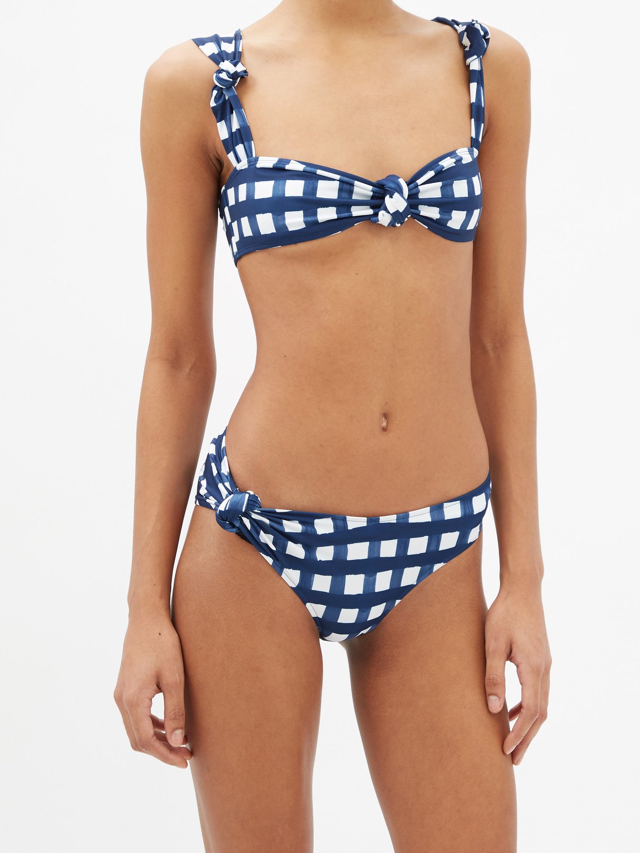 Jacquemus vichy tie knot navy and white check bikini top. Wide straps with knot feature. Navy and white check. Lightweight check-print recycled-fibre stretch-jersey. Ties at the back. matching pant available. 