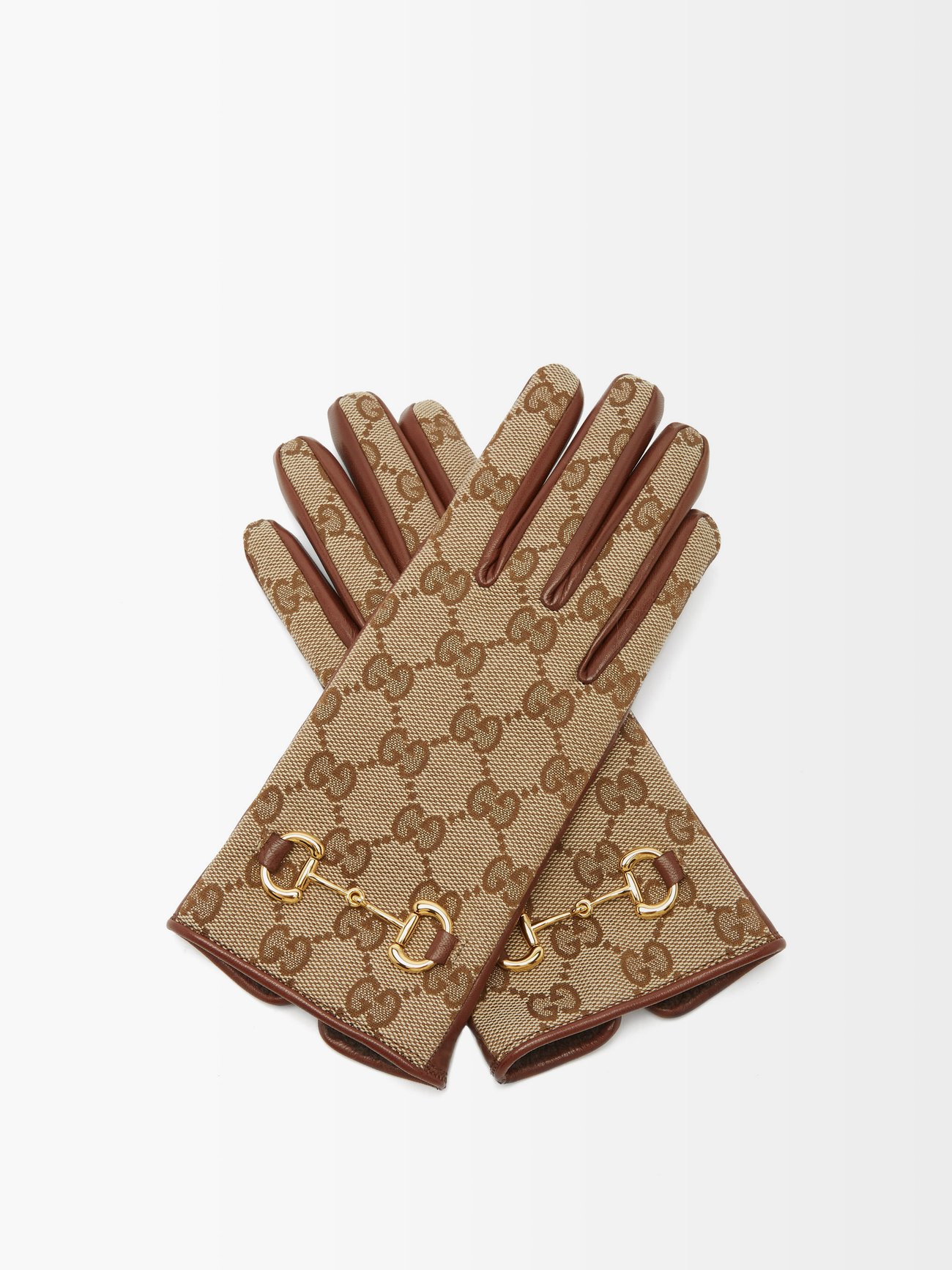 Brown beige Horsebit leather and GG-jacquard canvas gloves | Gucci ...