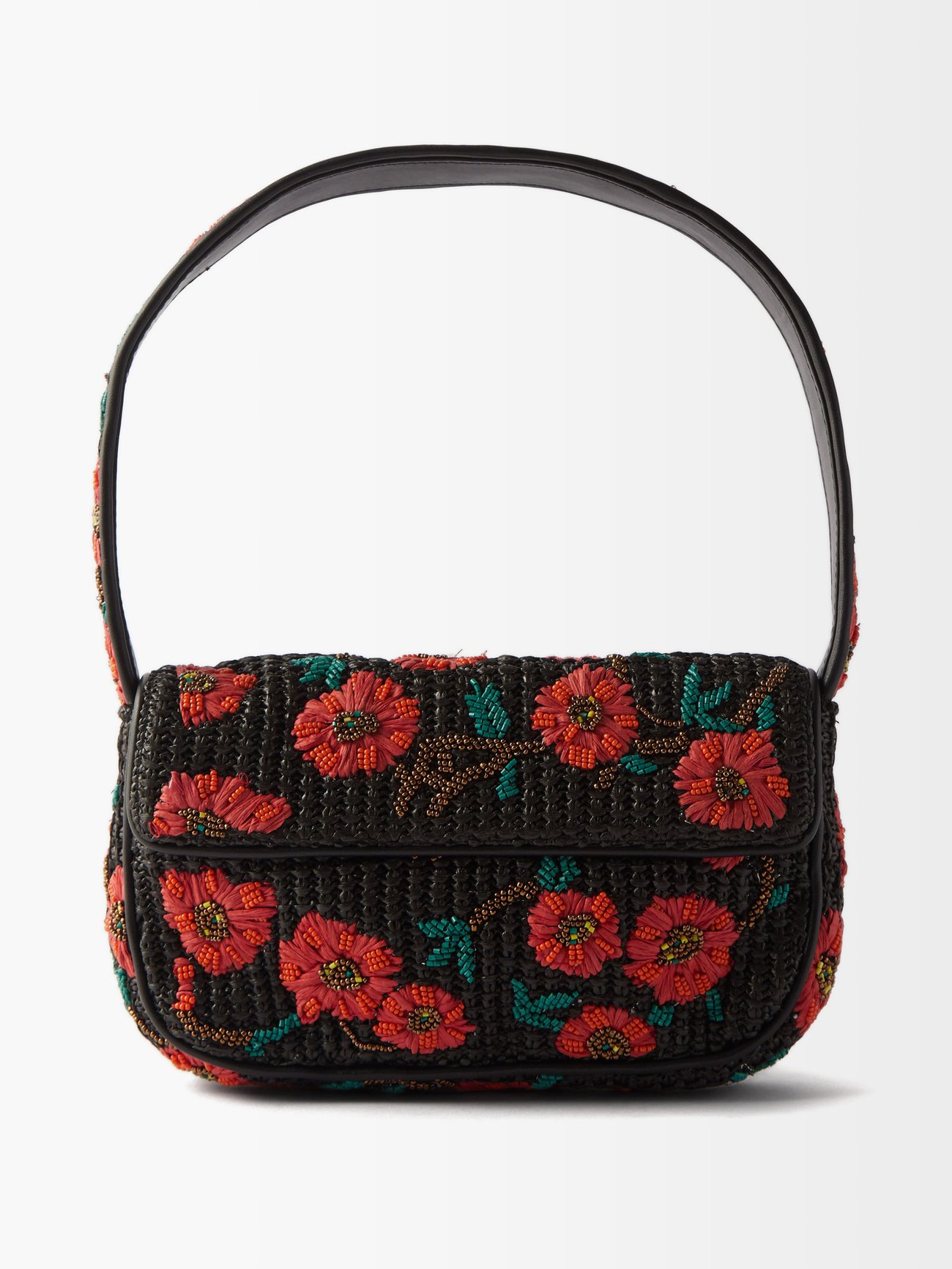 Staud’s black Tommy bag is constructed from woven raffia and handbeaded with red floral motifs, shaped with a short shoulder strap and magnetic flap.