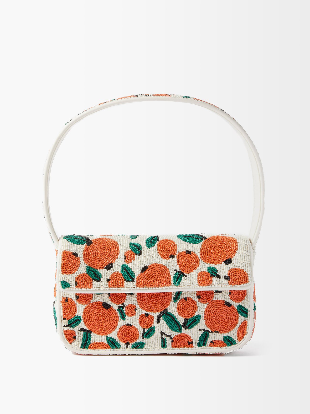 Staud white and orange Tommy beaded shoulder bag Refreshed with ripe orange fruit motifs. This staud beaded shoulder bag is shaped to a compact 1990s-era size and meticulously embellished with fine beading.