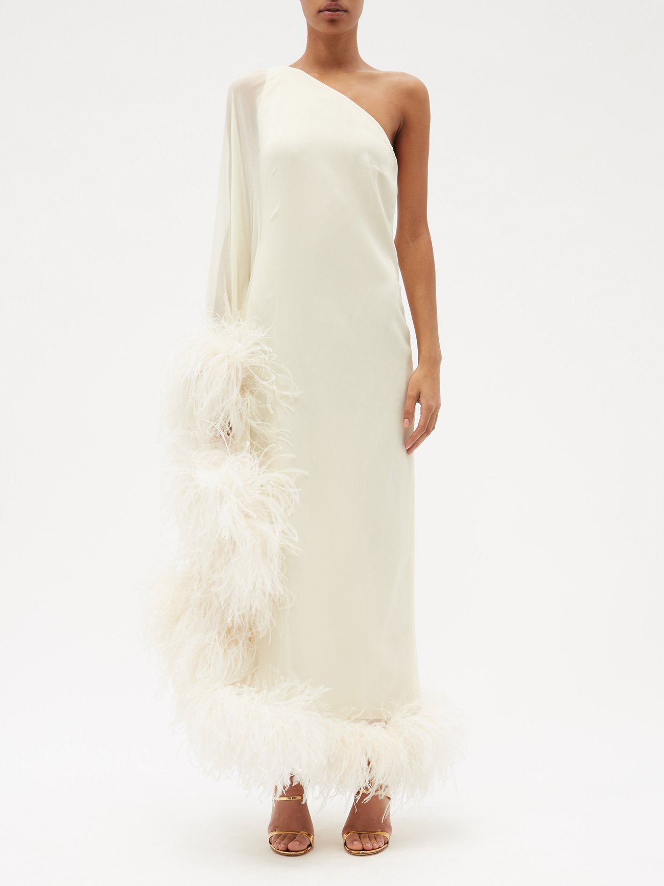 Taller Marmo White Ubud one-shoulder feather-trimmed silk dress | 매치스패션 ...