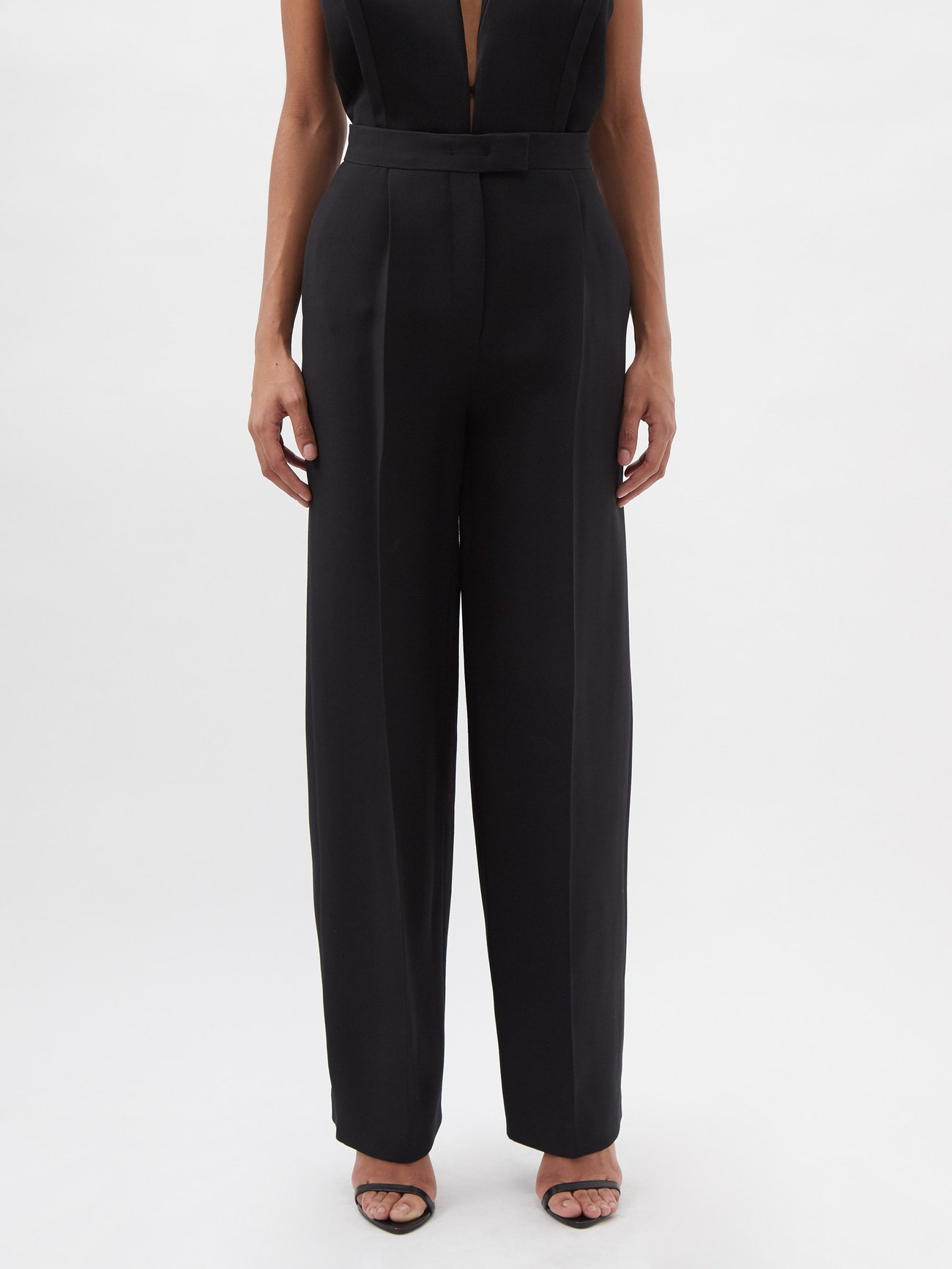 Black High-waist wool-blend wide-leg trousers | Fendi 